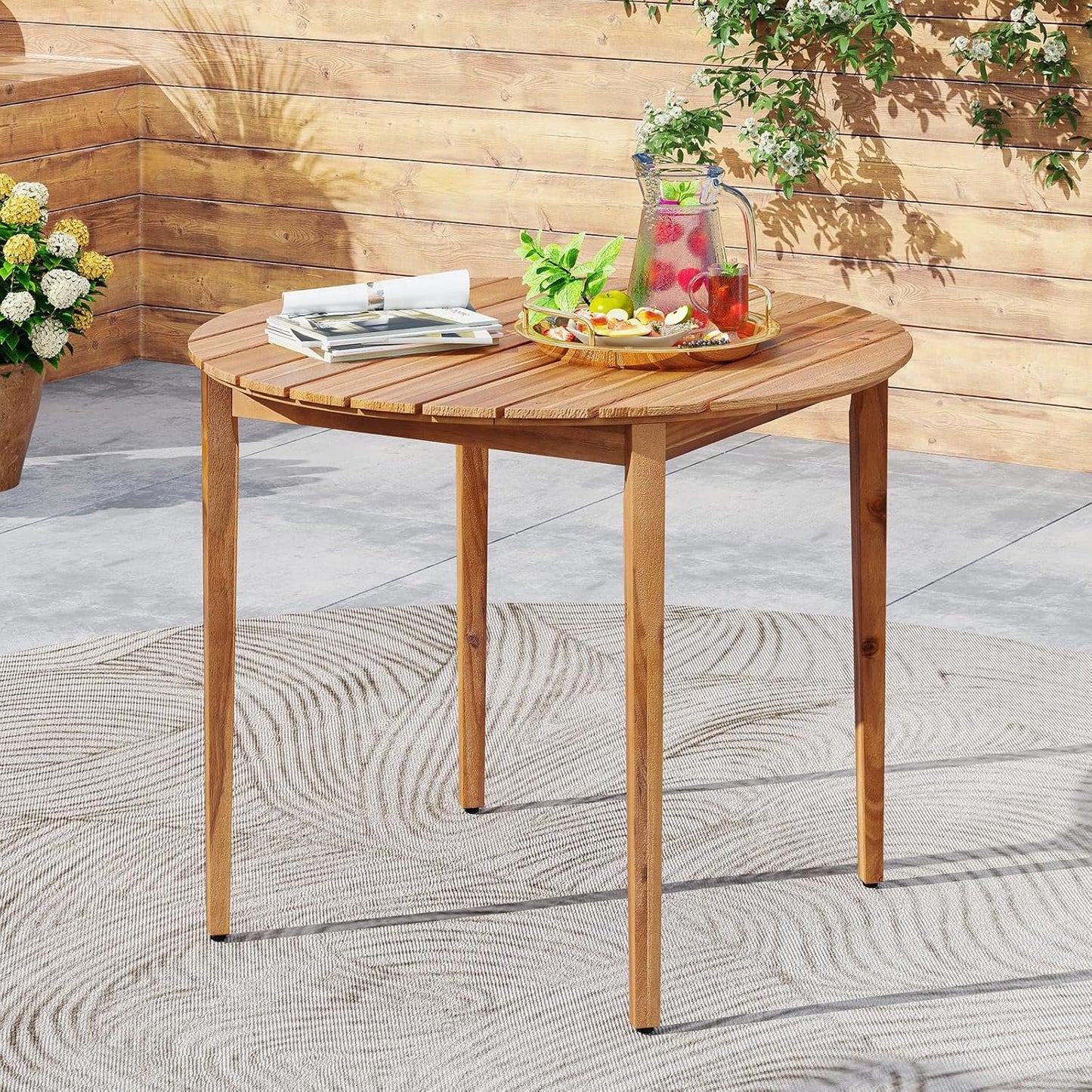 HAPPYGRILL Acacia Wood Round Dining Table for 4 People, 36" Rustic Patio Wooden Table w/Slatted Tabletop, Oil Finish, Indoor Outdoor Farmhouse Dining Furniture for Garden Backyard Deck Poolside Home