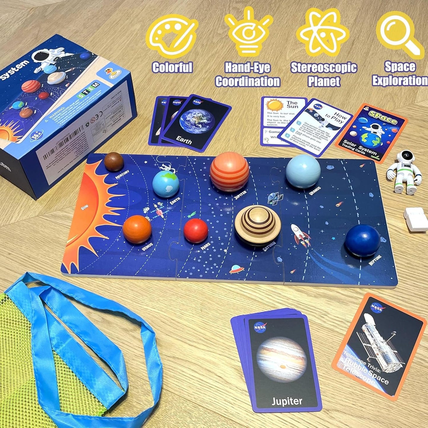 30 Pcs Wooden Solar System Model Board Toy Kit, Montessori Planet Balls Toys with Astronaut Figures, Preschool Learning Educational Puzzle, Space Knowledge Flash Cards Learning Toys for Kids