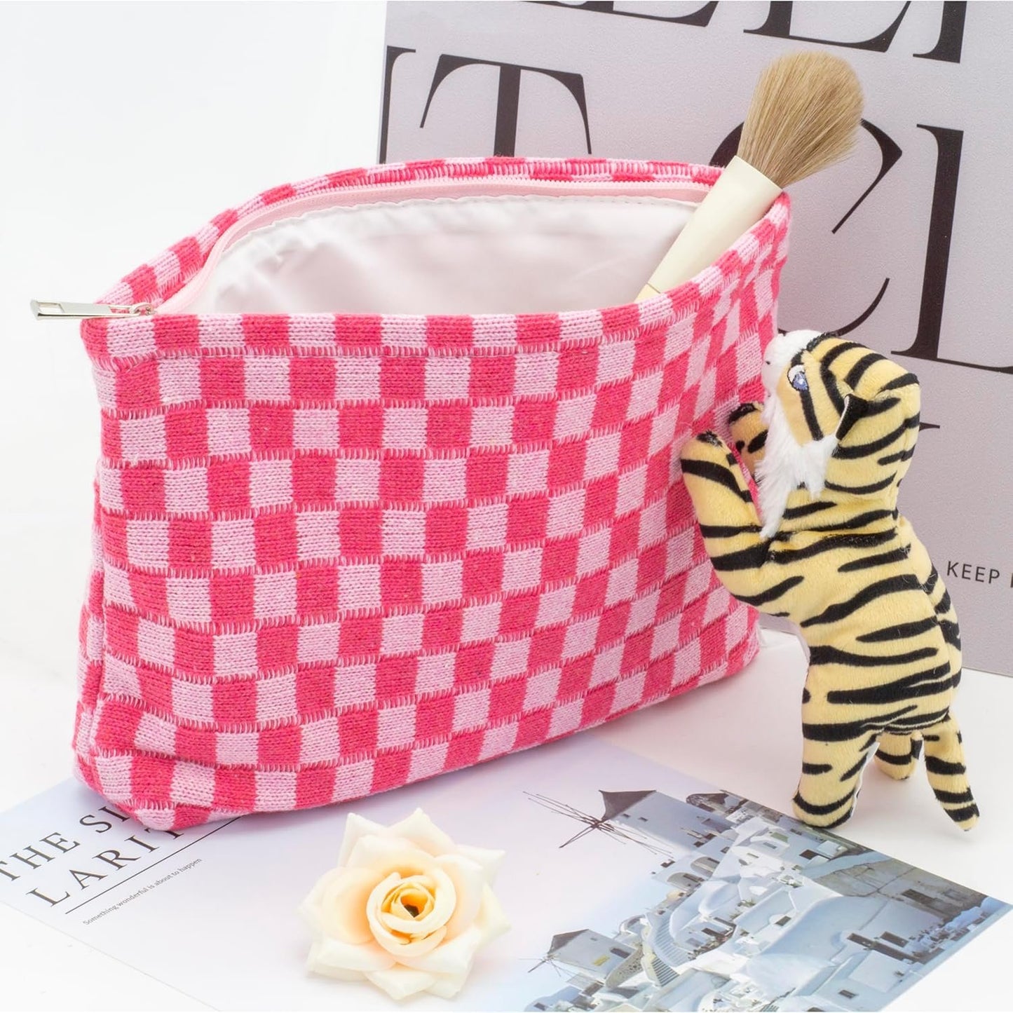 PAZIMIIK Checkered Makeup Bag for Purse Portable Zipper Make Up Pouch Small Cosmetic Case for Travel Accessories, B-Hotpink, Classic