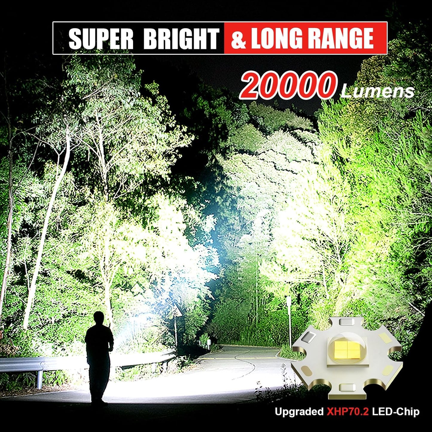 LED Torch Rechargeable Flashlight with High Lumens, Shadowhawk 20000 Lumen XHP70.2 Super Bright Torch, High Powered Torches, Powerful Handheld Tactical Flashlight for Emergency Camping Hiking Gift