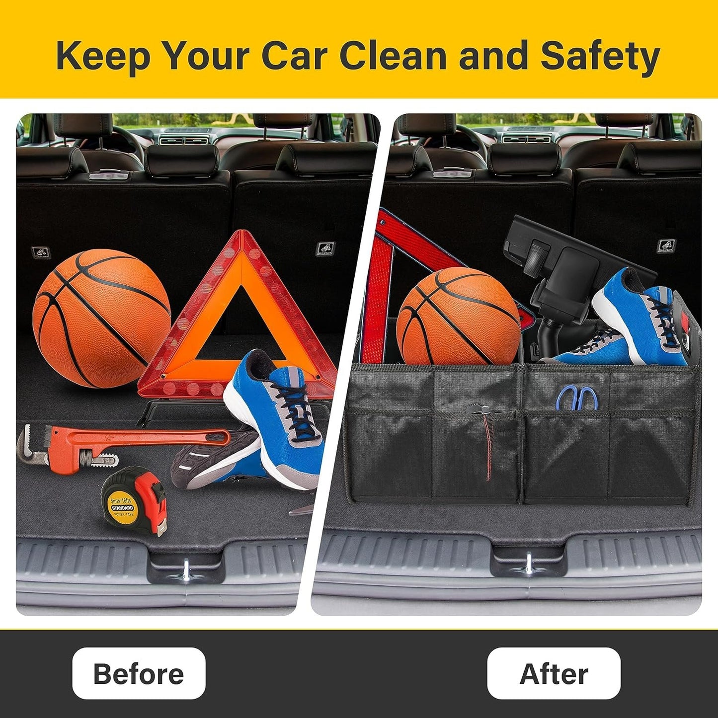 YSSOA Trunk Organizer for Car/SUV/Truck, Collapsible 2 Compartment Automotive Storage Box, 600D Waterproof Oxford Polyester 50L Travel Accessories, Anti-slip & Leak-proof, Black New