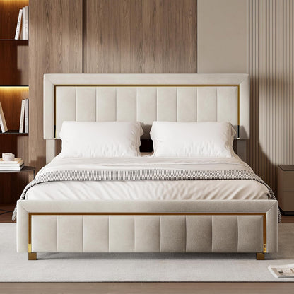 BRILVERDE Double Padded Bed, 160 x 200 cm, Bed Frame with Storage Compartment and Slatted Base, Hydraulic Bed with Headboard, Velvet (Open White, 160 x 200 cm)