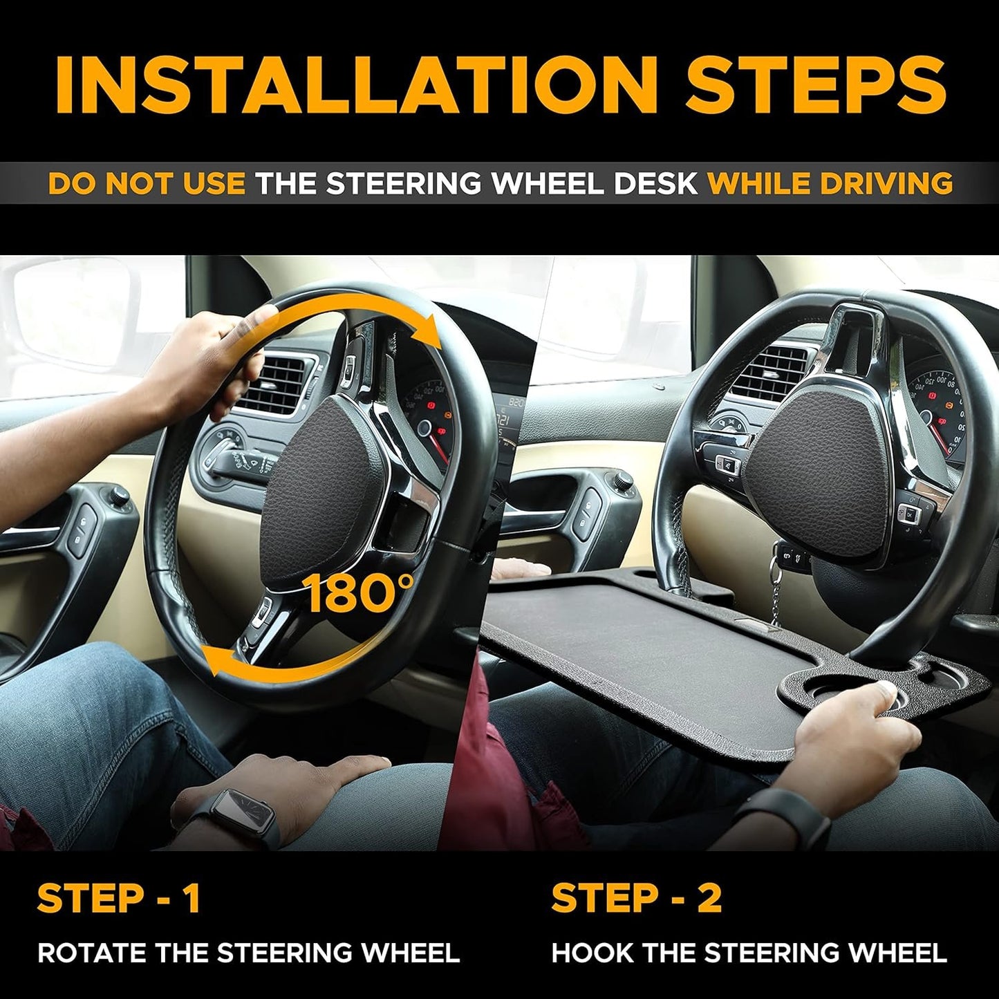EcoNour 2 in 1 Car Steering Wheel Desk | Steering Wheel Tray for Laptop Car Mount with Pen Holder | Food Tray for Eating with Drinks Holder | Multipurpose Travel Accessories