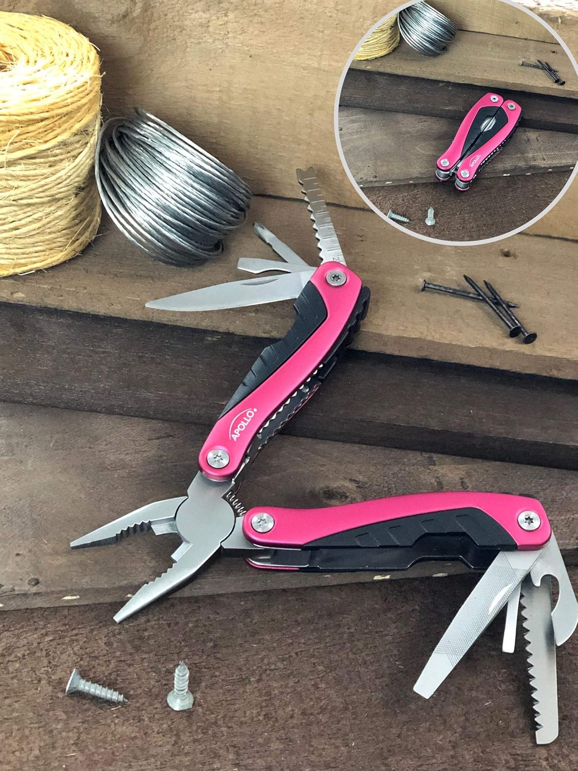 Apollo Tools 14-in-1 Pink Steel Pocket Multitool Pliers
