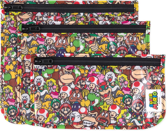 Bumkins Travel Bag, Toiletry, TSA Approved Pouch, Zip Bag, Quart Size Airline Compliant, Clear-Sided, Baby, Diaper Bag Organization, Makeup, Accessories, Packing, Set of 3 Sizes, Nintendo Super Mario