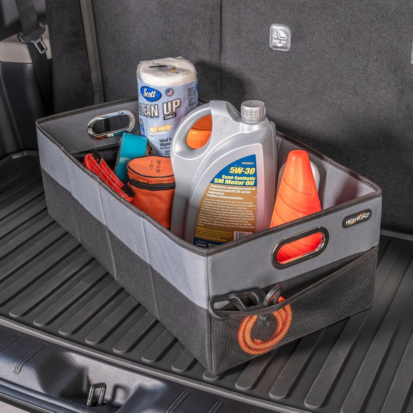 High Road CargoCube Car Storage Bin - Leakproof Car Trunk Storage Organizer with Metal Handles and Front Mesh Pocket, 12x24 Inches - Single pack