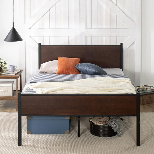 Zinus Queen Bed Frame, Industrial Metal Wooden Bamboo Bed Frame Base with Headboard, Black & Dark Wood, Bedroom Furniture, Brown