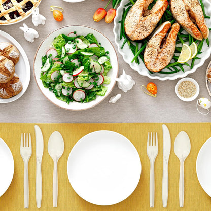 Compostable Cutlery Set 400 Pack Disposable Cutlery- 200 Forks 100 Spoons 100 Knives 7 Inch Biodegradable Utensils Set Heavy Duty Biodegradable Cutlery (Cornstarch, 400pcs Cutlery)
