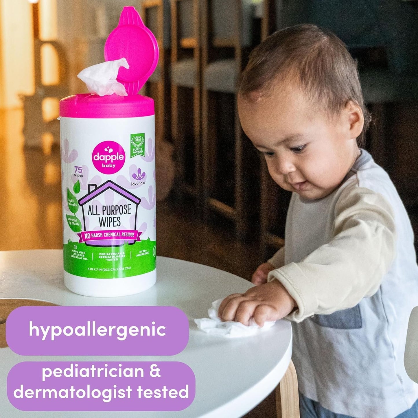 All Purpose Wipes by Dapple Baby, Hint of Lavender, 75 Count Canister + 30 Count Pouch - Plant Based & Hypoallergenic Cleaning Wipes