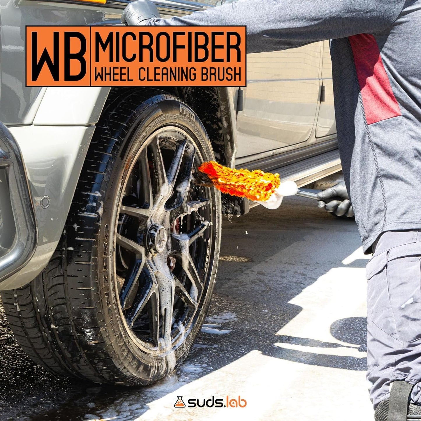 Suds Lab WB Premium Microfiber Wheel Cleaning Brush, Ultra-Soft Scratch-Free Car Detailing Tool for Rims, Tires, and Wheels, Ergonomic Handle, Machine Washable, Safe for All Vehicle Types, Reusable