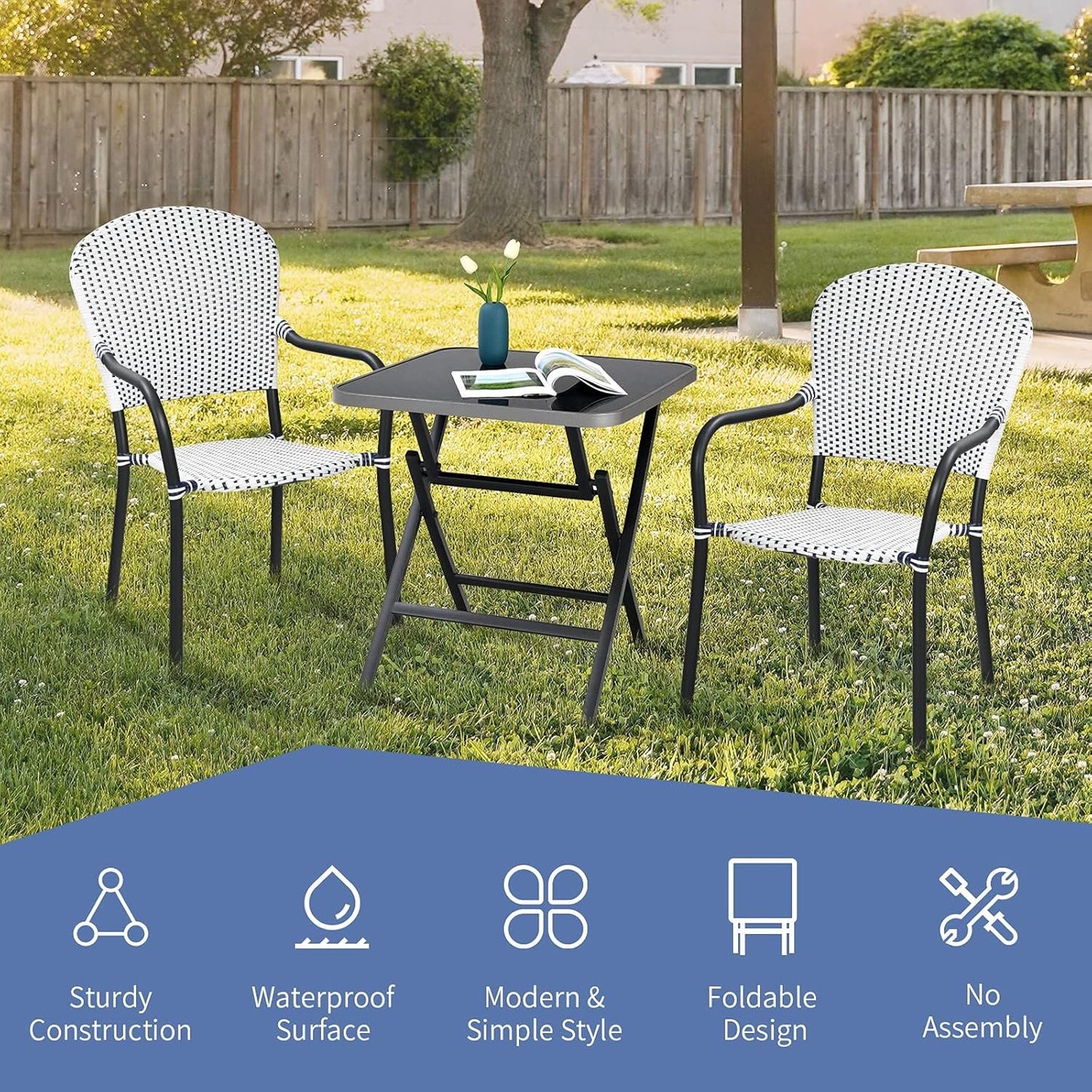 Tangkula Patio Folding Square Dining Table, 27.5” Rustproof Aluminum Coffee Table w/Tempered Glass Tabletop, Portable Indoor Outdoor Bistro Glass Table for Balcony Backyard Poolside (Black)