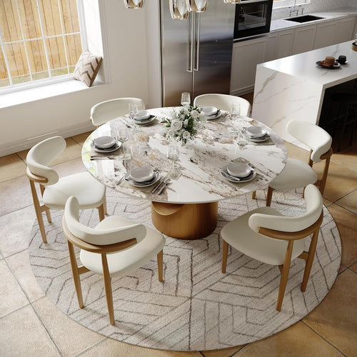 POVISON Round Dining Table for 4-6, 60" Glossy White Sintered Stone Tabletop Dining Table with Bronze Carbon Steel Pedestal, Modern Dining Room Table for Kitchen, Living Room (Table Only)
