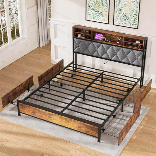ADVWIN Queen Size Bed Frame with 4 Storage Drawers, Tufted Storage Headboard with Charging Station and USB Port, Rustic Brown & Gray