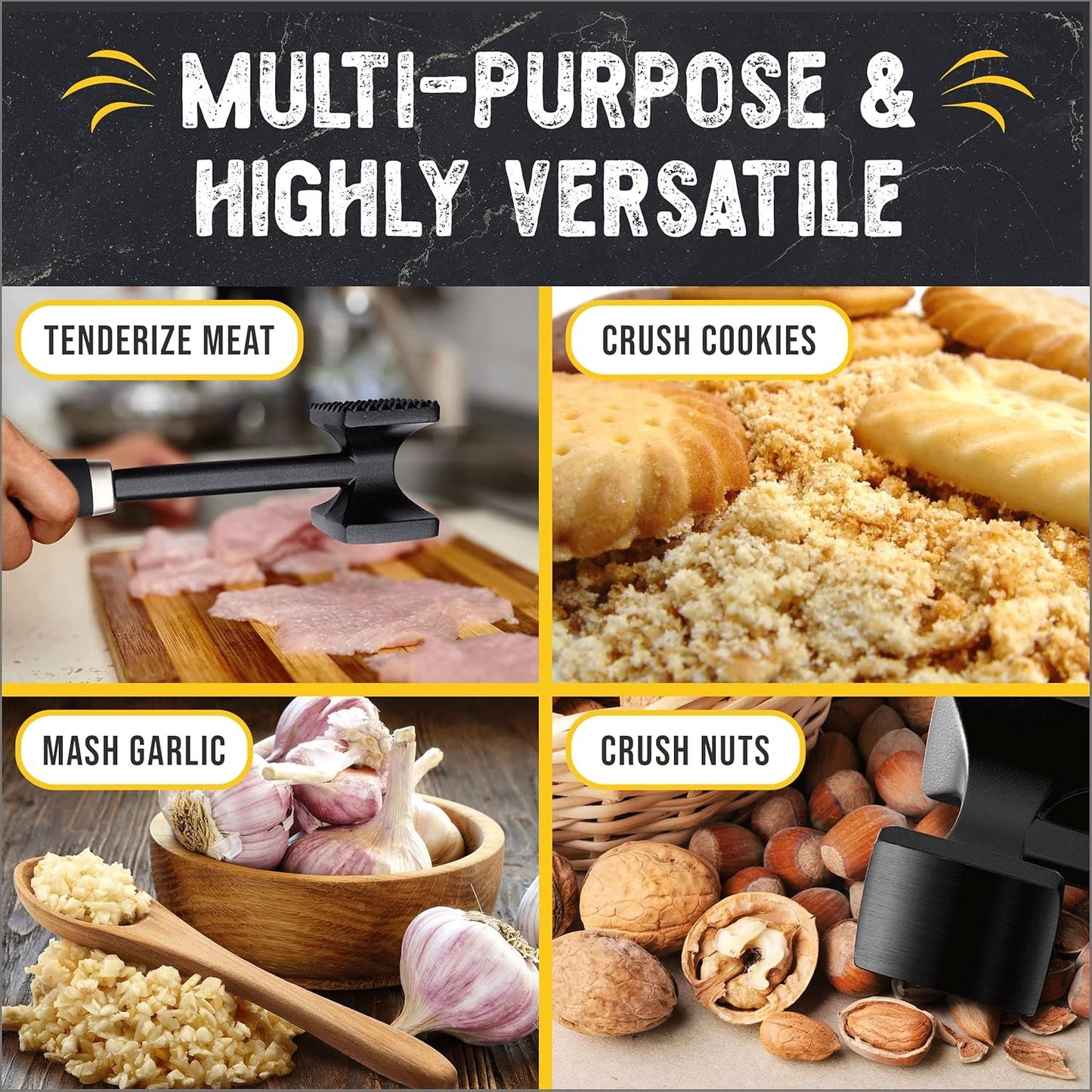 Checkered Chef Meat Tenderizer Hammer - Dishwasher Safe Metal Mallet for Tenderizing Chicken, Beef, Pork & Nuts with Non-Slip Grip - Kitchen Gadgets and Tools