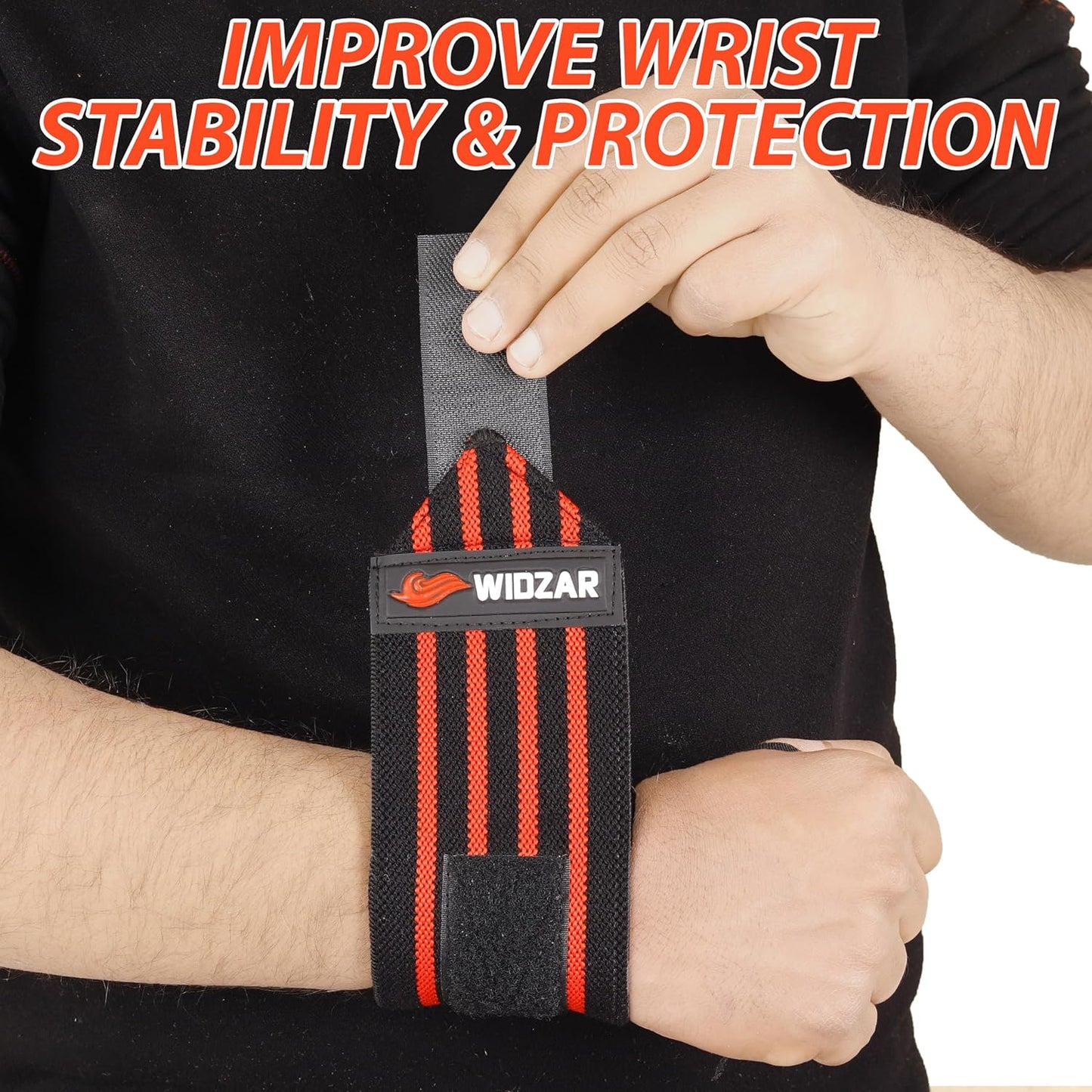 Widzar Wrist Wraps - Support Brace for Weightlifting, Powerlifting, Workout, Bodybuilding & Gym Training - Adjustable Straps with Attached Thumb Loops, Ergonomic Design for Men and Women (Red Stripes)