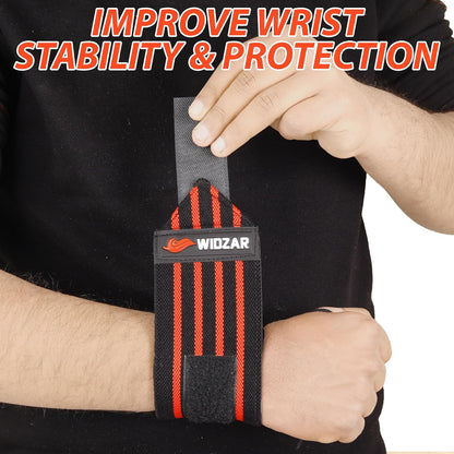 Widzar Wrist Wraps - Support Brace for Weightlifting, Powerlifting, Workout, Bodybuilding & Gym Training - Adjustable Straps with Attached Thumb Loops, Ergonomic Design for Men and Women (Red Stripes)