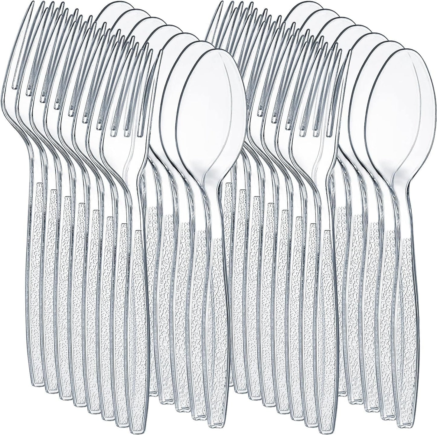 POLCANUR Clear Plastic Cutlery Set,(Bulk Pack 200 Pcs) Plastic Utensils Heavy Duty,100 Plastic Forks and 100 Spoons, Sets for Party,Gathering,Dinners,Take-Out,Catering,Picnic,Food Services
