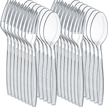 POLCANUR Clear Plastic Cutlery Set,(Bulk Pack 200 Pcs) Plastic Utensils Heavy Duty,100 Plastic Forks and 100 Spoons, Sets for Party,Gathering,Dinners,Take-Out,Catering,Picnic,Food Services
