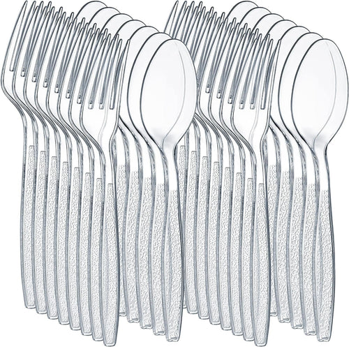 POLCANUR Clear Plastic Cutlery Set,(Bulk Pack 200 Pcs) Plastic Utensils Heavy Duty,100 Plastic Forks and 100 Spoons, Sets for Party,Gathering,Dinners,Take-Out,Catering,Picnic,Food Services