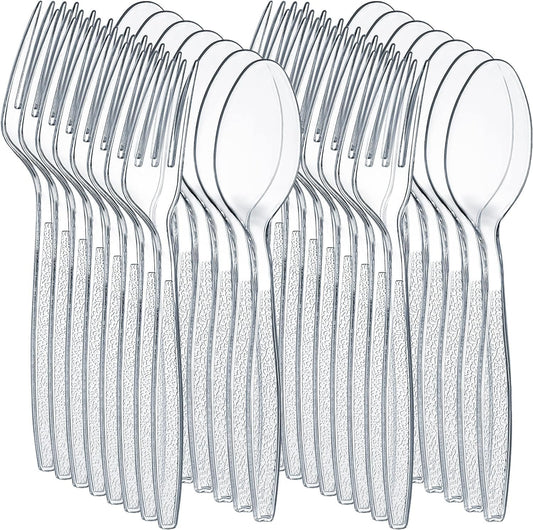 POLCANUR Clear Plastic Cutlery Set,(Bulk Pack 200 Pcs) Plastic Utensils Heavy Duty,100 Plastic Forks and 100 Spoons, Sets for Party,Gathering,Dinners,Take-Out,Catering,Picnic,Food Services