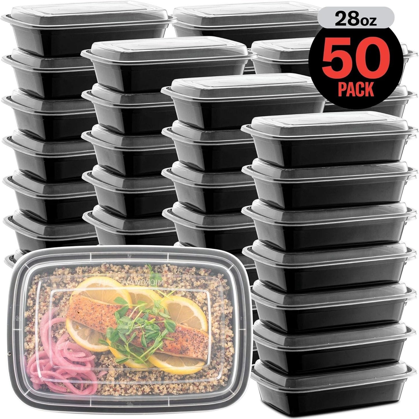 50-Pack Meal Prep Plastic Microwavable Food Containers for Meal Prepping with Lids 28 oz. 1 Compartment Black Rectangular Reusable Storage Lunch Boxes -BPA-Free Food Grade -Freezer & Dishwasher Safe