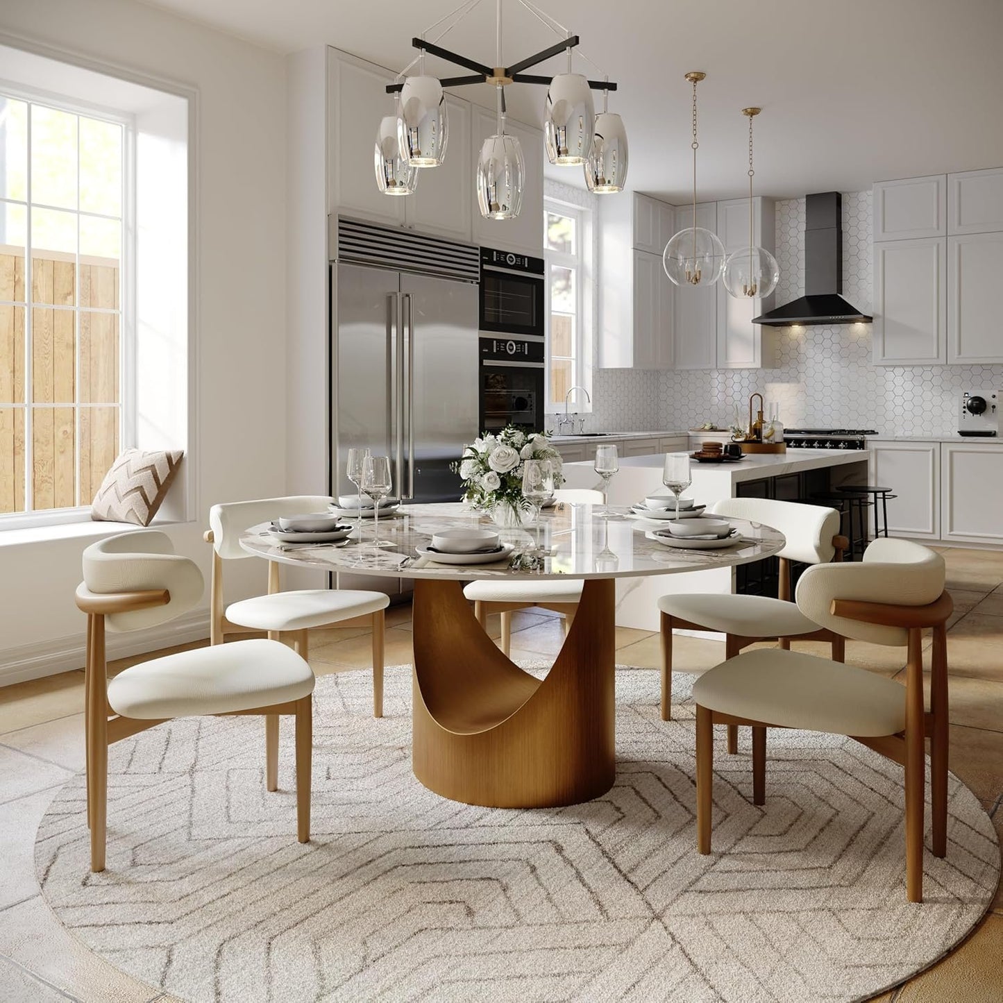 POVISON Round Dining Table for 4-6, 60" Glossy White Sintered Stone Tabletop Dining Table with Bronze Carbon Steel Pedestal, Modern Dining Room Table for Kitchen, Living Room (Table Only)