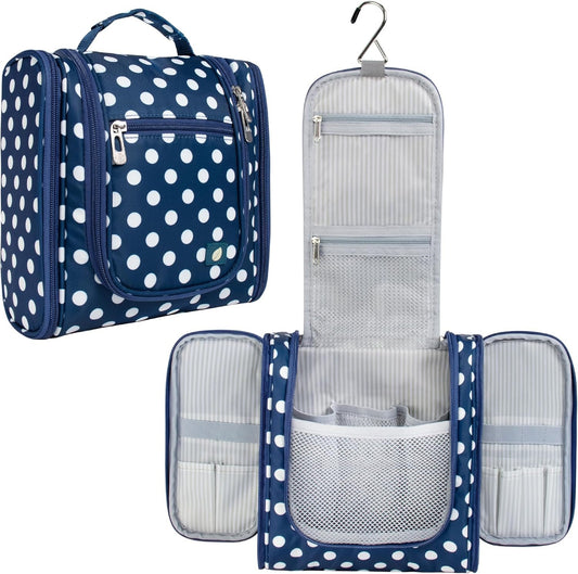 PAVILIA Toiletry Bag Travel Bag for Women Men, Hanging Cosmetic Organizer, Water Resistant Makeup Bag for Accessories Toiletries, Large Travel Essentials Kit (Navy Polka Dot)