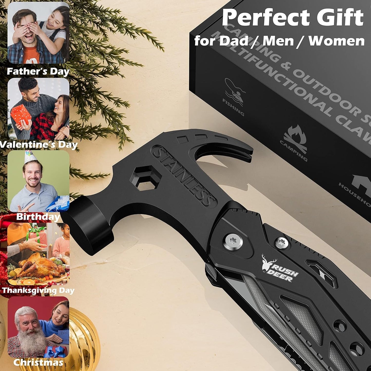 Rush Deer 14-in-1 Multitool, Gifts for Dad, Mini Hammer Multitool, Small Hammer Tool, Survival Gear and Supplies, Christmas Gift for Boy Husbands