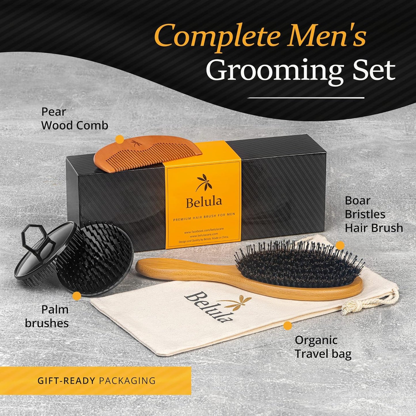 Belula Boar Bristle Hair Brush for Men Set.Styling Mens' Hair Brush with Nylon Pins. Boar Bristle Brush, 2 x Palm Brush, Wooden Comb & Travel Bag Included.