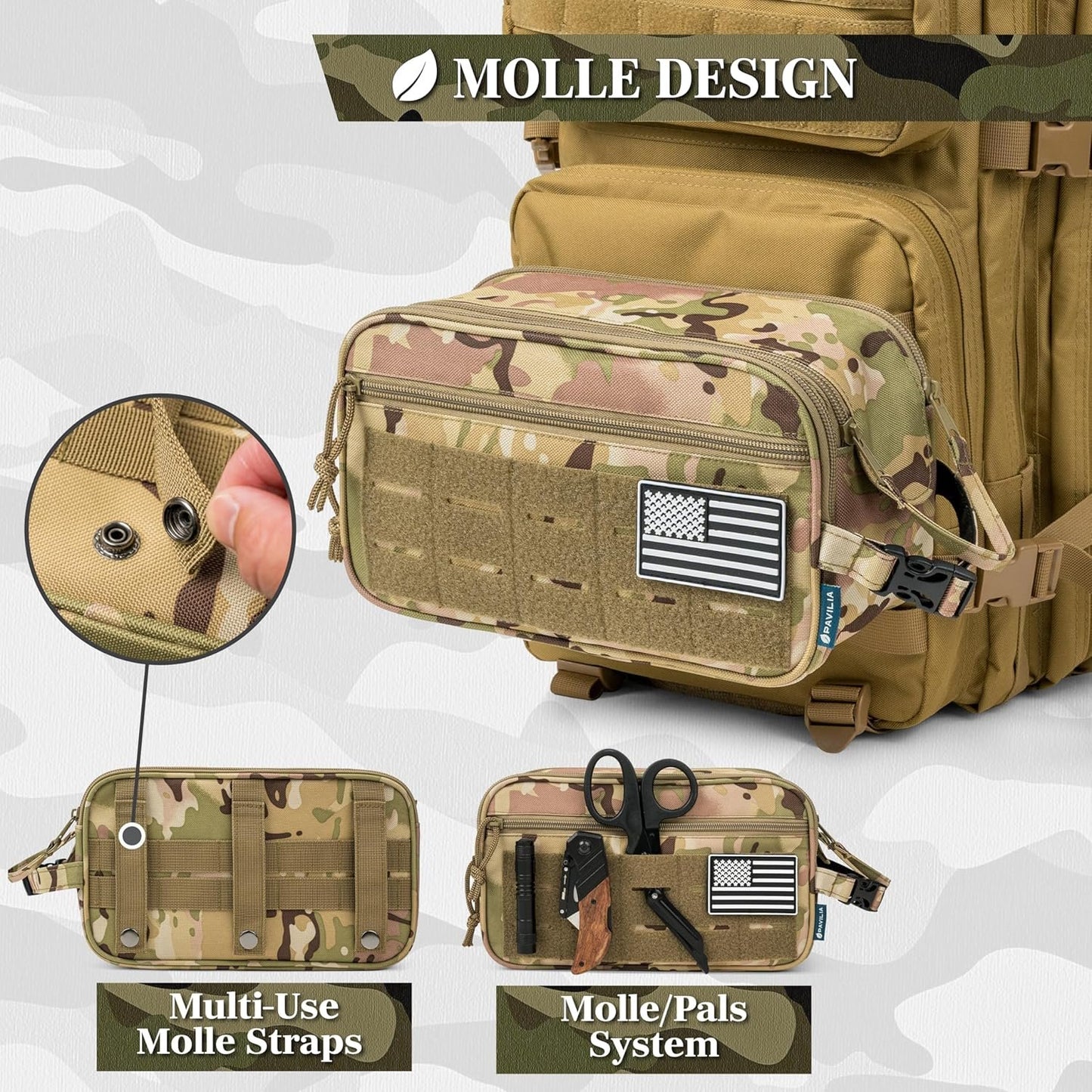 PAVILIA Tactical Toiletry Bag for Men, Hygiene Travel Bag, Military Dopp Kit, Water Resistant Molle Pouch, Mens Shaving Grooming Essentials, Bathroom Shower Toiletries Small Organizer Case, Camo