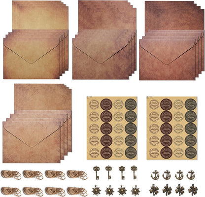 8 Set Vintage Stationery Paper and Envelopes Set, Stationery Paper Letter Set with 32 Sheets Lined Aged Letter Writing Paper, 16 Matching Envelopes, 16 Ornaments, 16 Hemp Ropes and 40 Sealing Stickers