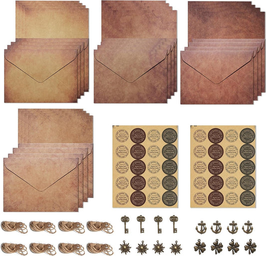 8 Set Vintage Stationery Paper and Envelopes Set, Stationery Paper Letter Set with 32 Sheets Lined Aged Letter Writing Paper, 16 Matching Envelopes, 16 Ornaments, 16 Hemp Ropes and 40 Sealing Stickers