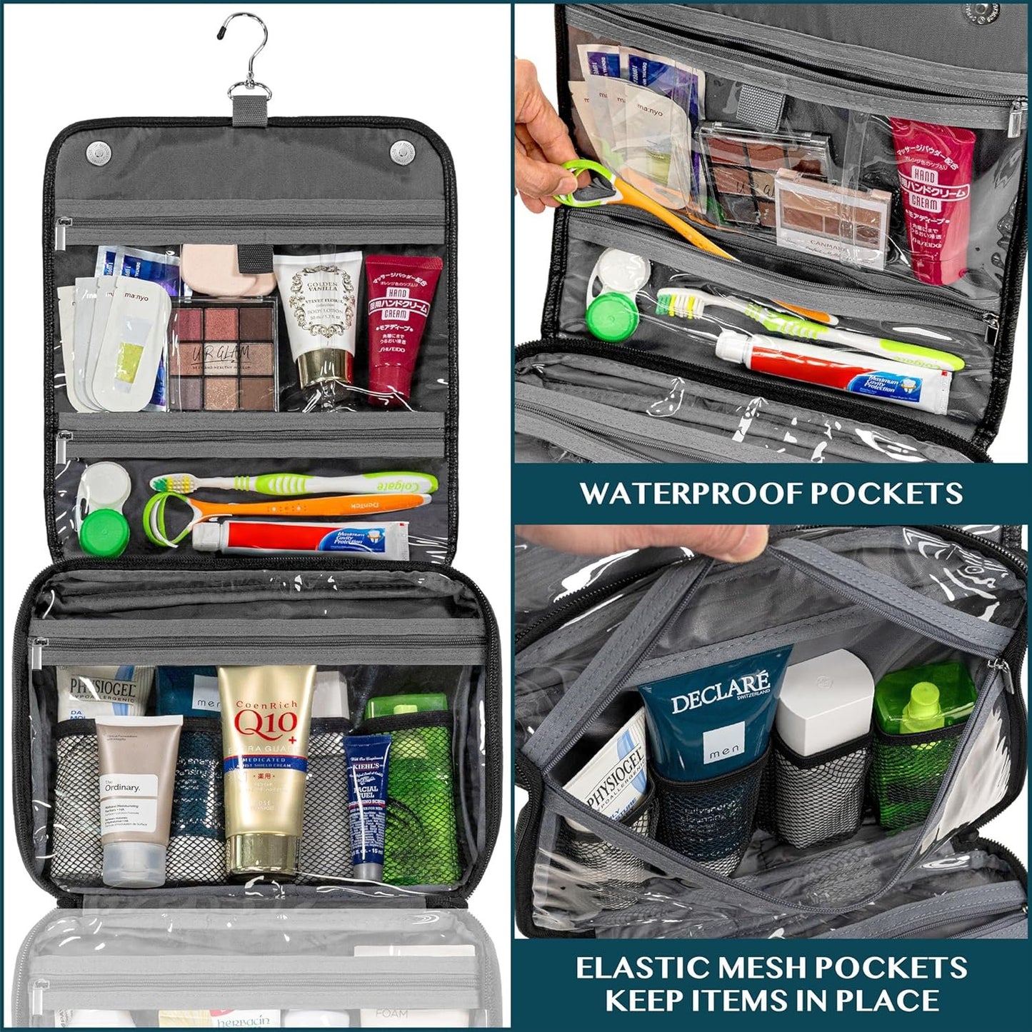 PAVILIA Hanging Toiletry Bag Women Men, Foldable Cosmetic Organizer Travel Bag, Water Resistant Makeup Bag Toiletries, Large Travel Essentials Kit, Black, Large
