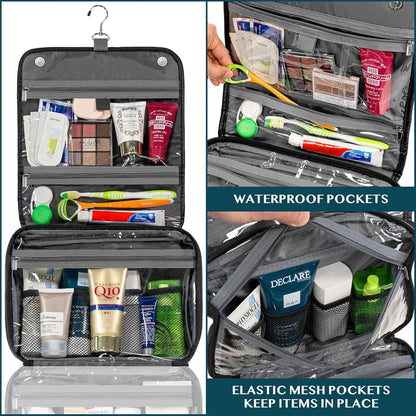 PAVILIA Hanging Toiletry Bag Women Men, Foldable Cosmetic Organizer Travel Bag, Water Resistant Makeup Bag Toiletries, Large Travel Essentials Kit, Black, Large