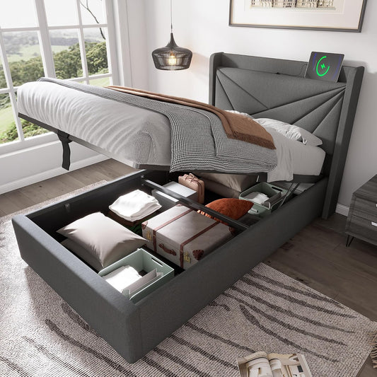 BNUZ Single Padded Bed, Bed Storage Box with USB Type C Charging Function, Headboard, Linen Material, 90 x 200 cm with Grid (No Mattress) (Grey, 90 x 200 cm)