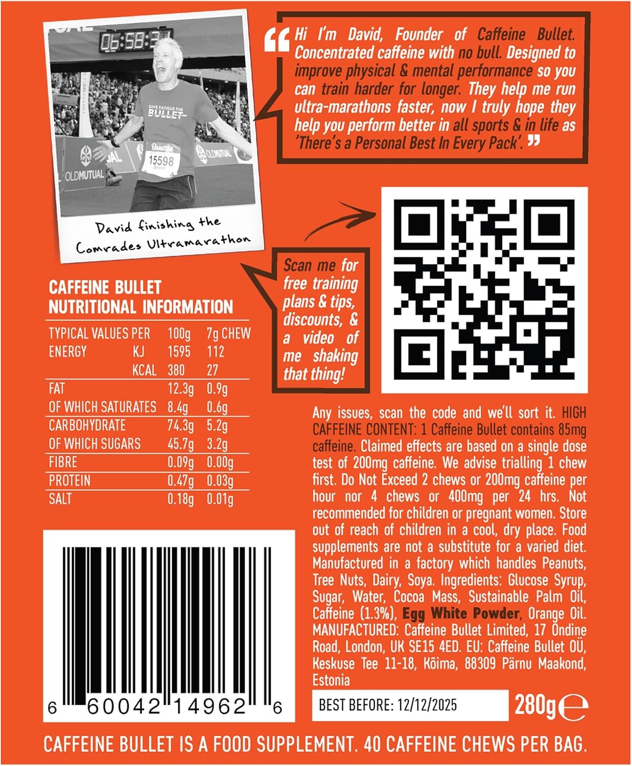 Caffeine Bullet Energy Chews - Chocolate Orange. 16 * 85mg - Faster Kick Than Pills, Gels & Gum. Sport Science for Running, Cycling, Gaming. A Pre Workout Endurance Boost.