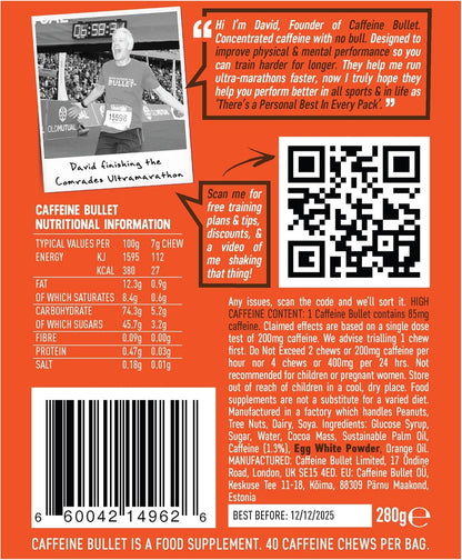 Caffeine Bullet Energy Chews - Chocolate Orange. 16 * 85mg - Faster Kick Than Pills, Gels & Gum. Sport Science for Running, Cycling, Gaming. A Pre Workout Endurance Boost.