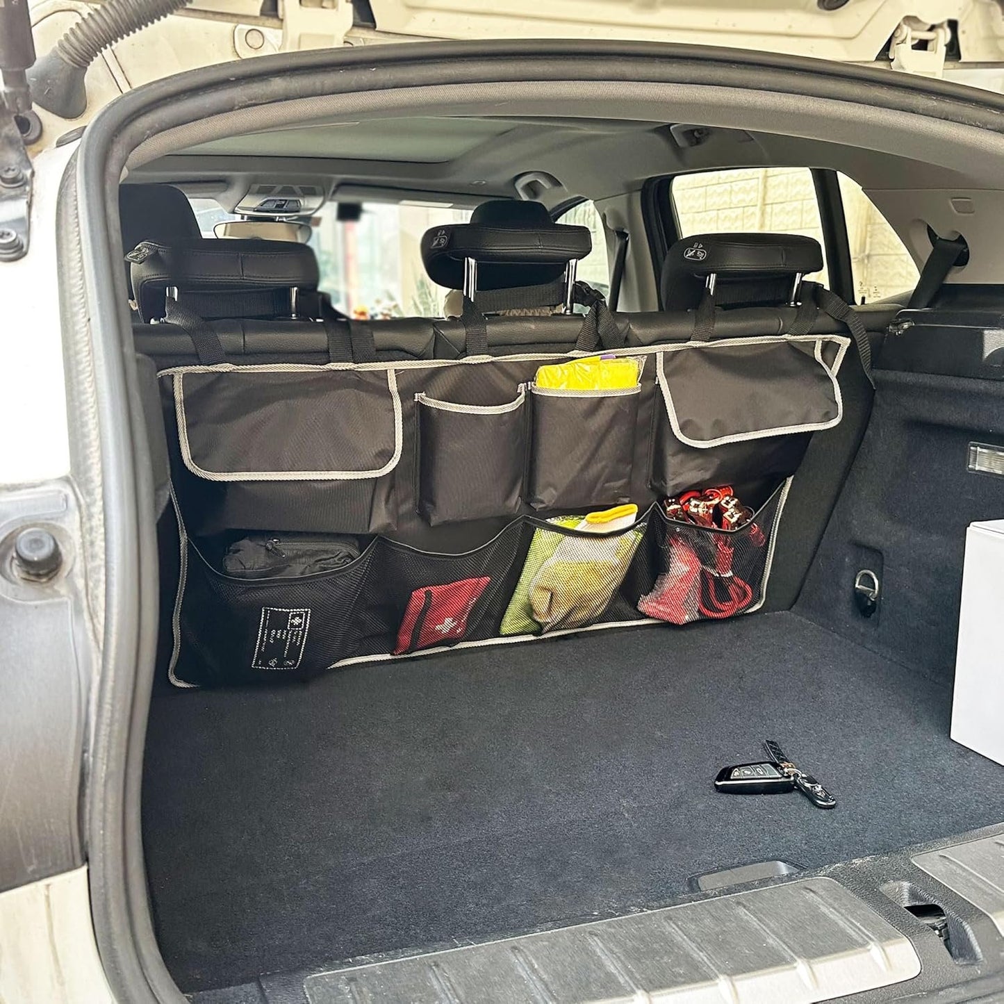 ROOCKHITCB Car Back Seat Trunk Organizer Hanging Bag, Car Interior Organizer Accessories with 4 Pockets and 4 Mesh Pouches,Save More Storage Trunk Space for SUV,Jeep,MPV