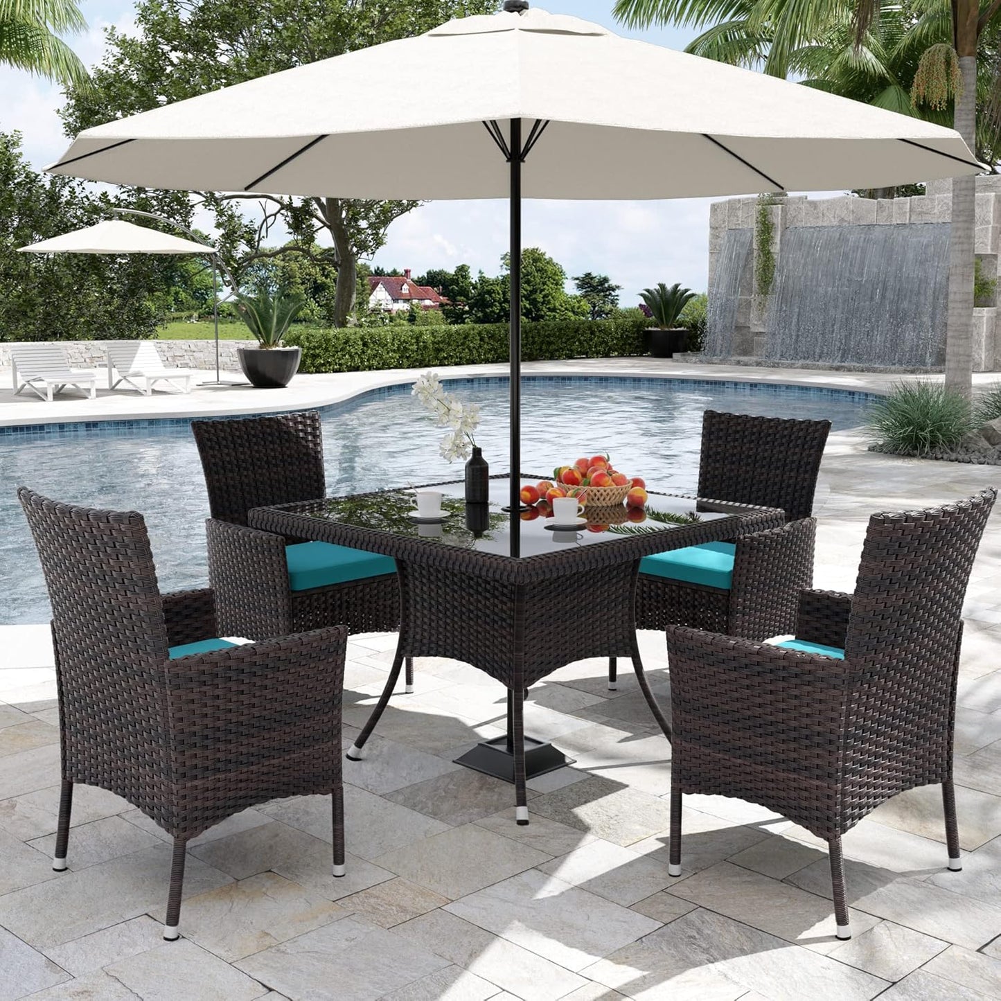 Kurapika 5-Piece Patio Furniture Outdoor Dining Set, Wicker Rattan Patio Dining Table and Chairs Set, Square Tempered Glass Tabletop with Umbrella Hole and 4 Chair Set, Blue