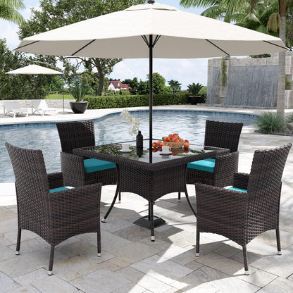 Kurapika 5-Piece Patio Furniture Outdoor Dining Set, Wicker Rattan Patio Dining Table and Chairs Set, Square Tempered Glass Tabletop with Umbrella Hole and 4 Chair Set, Blue