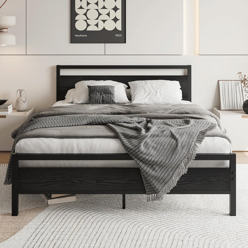 VERFARM Queen Size Bed Frames with Black Wood Headboard and Footboard,Heavy Duty Metal Platform Bed Frame Queen Size,No Box Spring Needed,Mattress Foundation/Sturdy and Stable/Noise Free,Black