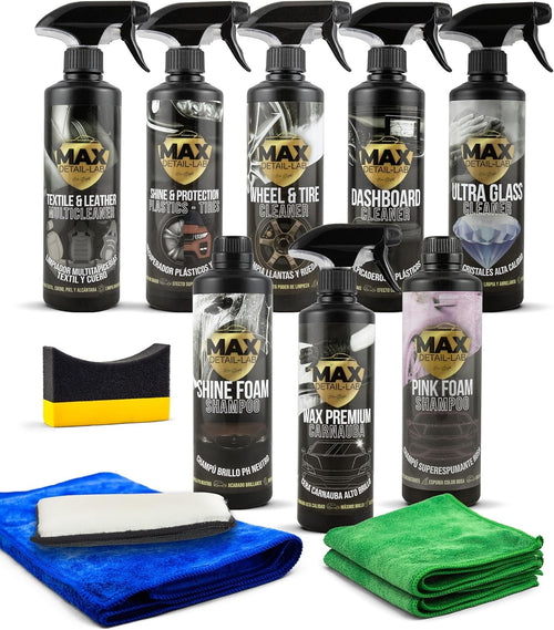 MAX DETAIL-LAB - Detailing Pack - Car Cleaning Kit with Washing Accessories Included, Interior Exterior Products, Shampoo, Rim Cleaner, Seats, Wax, Glasses, Dashboard, Renews Black Rubber Plastics