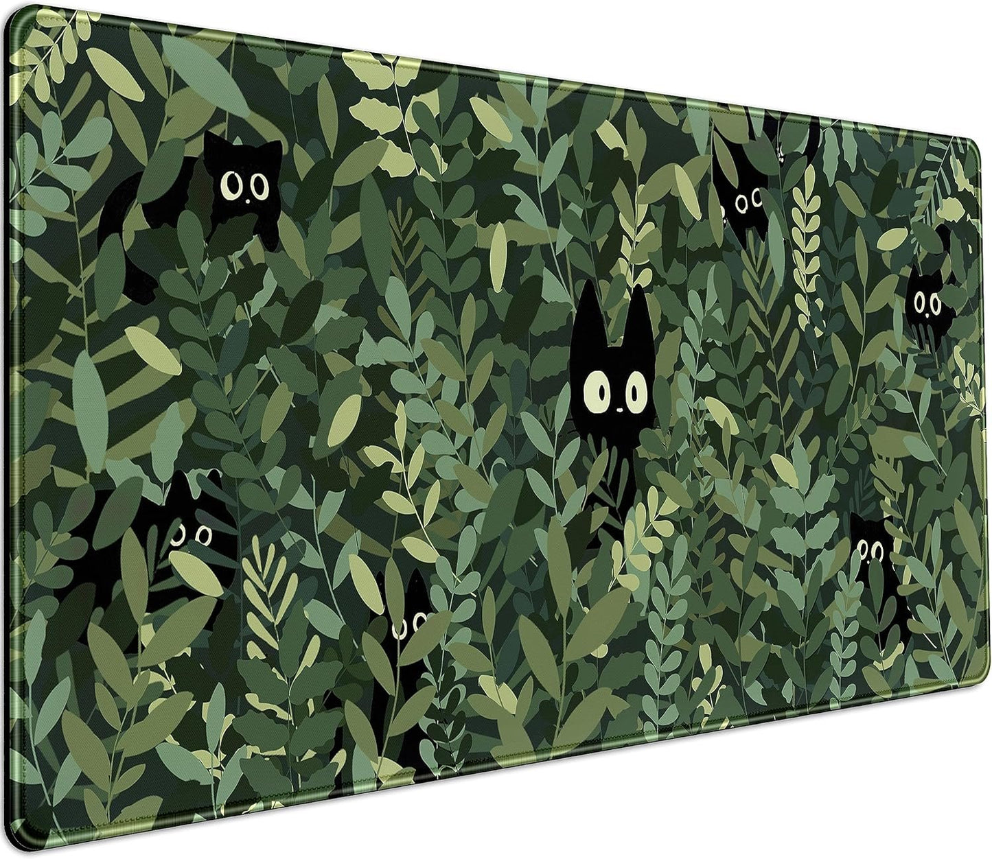 DCJJM Cute Anime Cats Desk Mat Green Leaves Kawaii Mousepad XXL Extended Large Gaming Mouse Pad Cat, Aesthetic Laptop Keyboard for Women Office Gamer Girl DÃ©cor, 31.5x15.75x0.12 in (DMXC08)