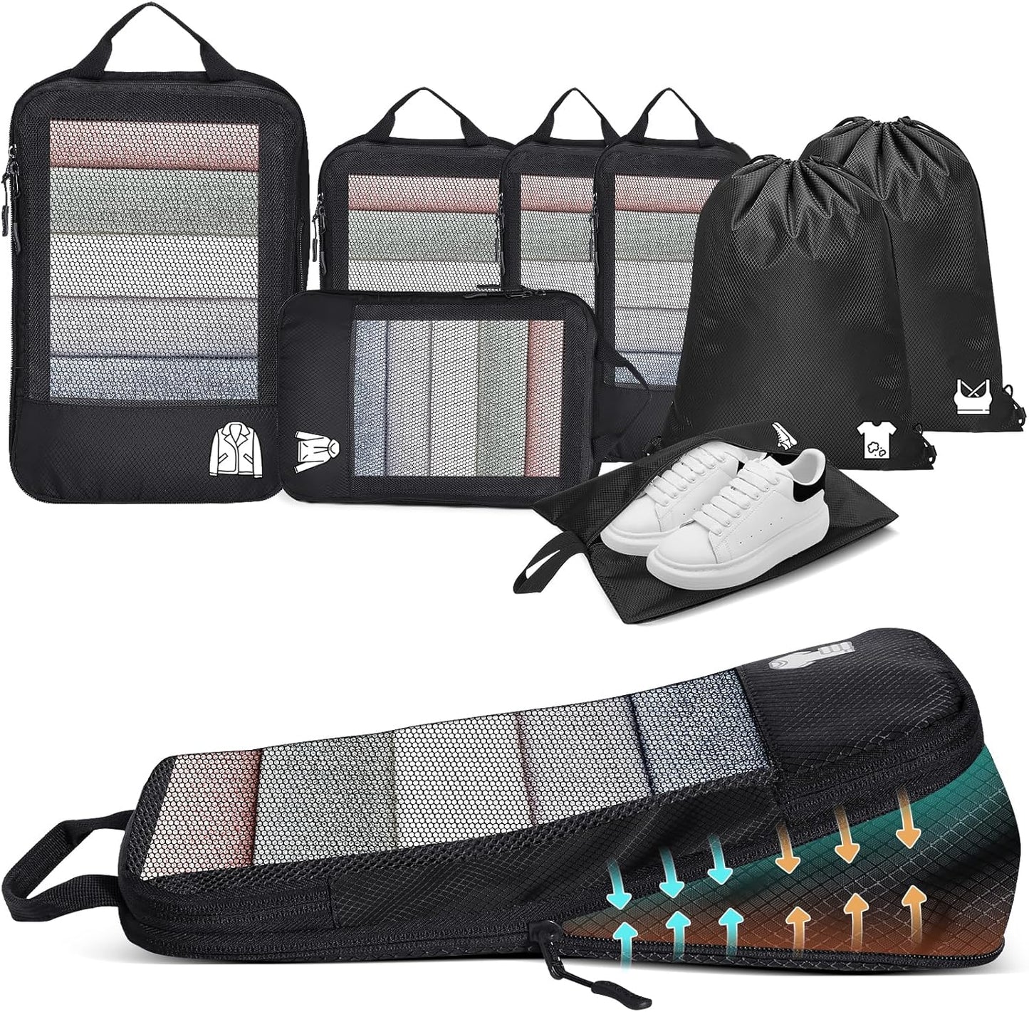 8-Piece Compression Suitcase Organizer Packing Cubes Compression, Space-Saving Travel Organizer Travel Accessories Black