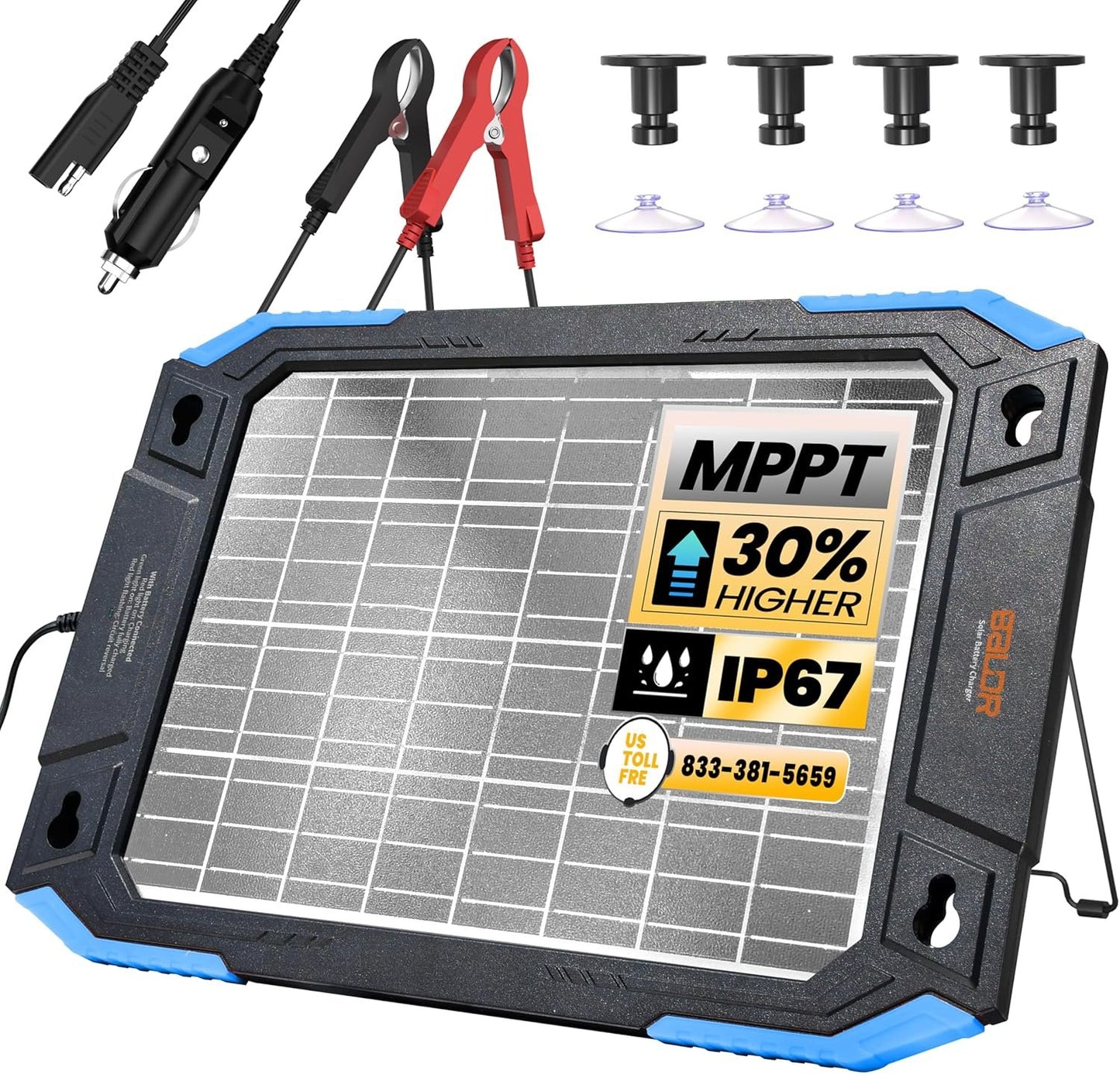 BALDR 12V Solar Battery Charger, 13W Waterproof Dual Sided Battery Maintainer, IP67 MPPT Trickle Charger for Car, Trailer, Lawn Mower, Boat