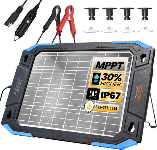 BALDR 12V Solar Battery Charger, 13W Waterproof Dual Sided Battery Maintainer, IP67 MPPT Trickle Charger for Car, Trailer, Lawn Mower, Boat