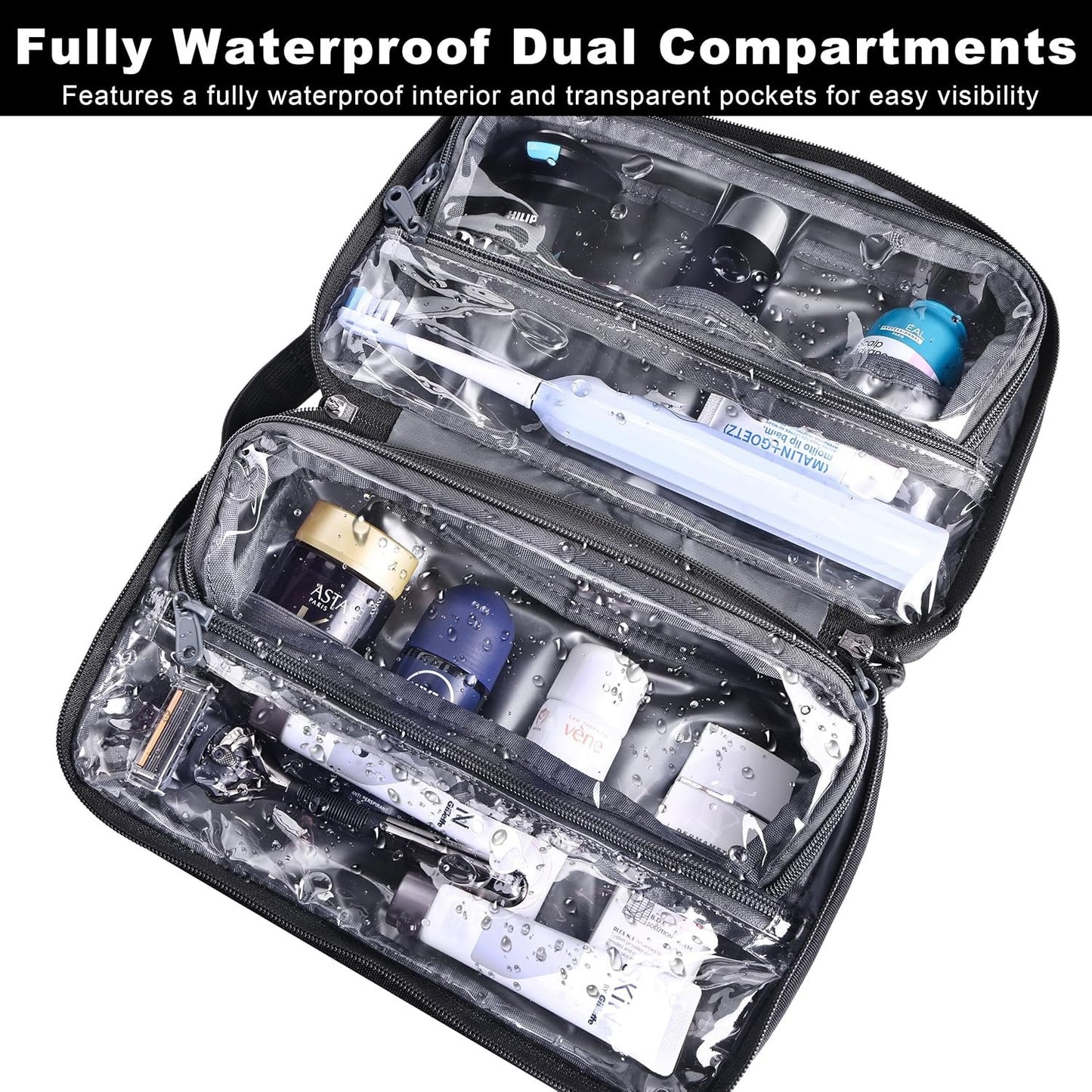 HILOMON Toiletry Bag for Men, YKK Zippers Hanging Bathroom Shower Hygiene Bag with Metal XXL Swivel Hook, Big Comparment, Waterproof for Travel Accessories