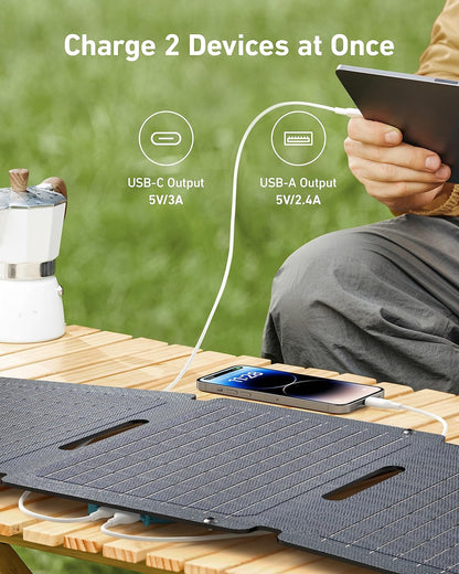 Anker Solix PS30 Solar Panel, 30W Foldable Portable Solar Charger, IP65 Water and Dust Resistance, Ultra-Fast Charging, Charges 2 Devices at Once, for Camping, Hiking, and Outdoor Activities.