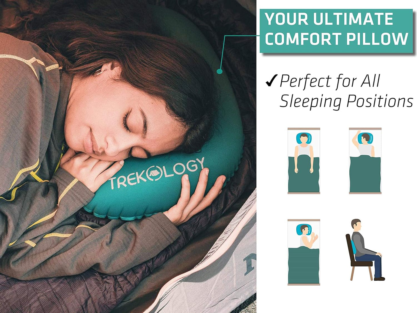TREKOLOGY Aluft 2.0 Travel Pillow - Inflatable Neck Pillow for Airplane, Car, Camping - Lightweight & Compact - Ergonomic Support for Backpacking & Outdoor