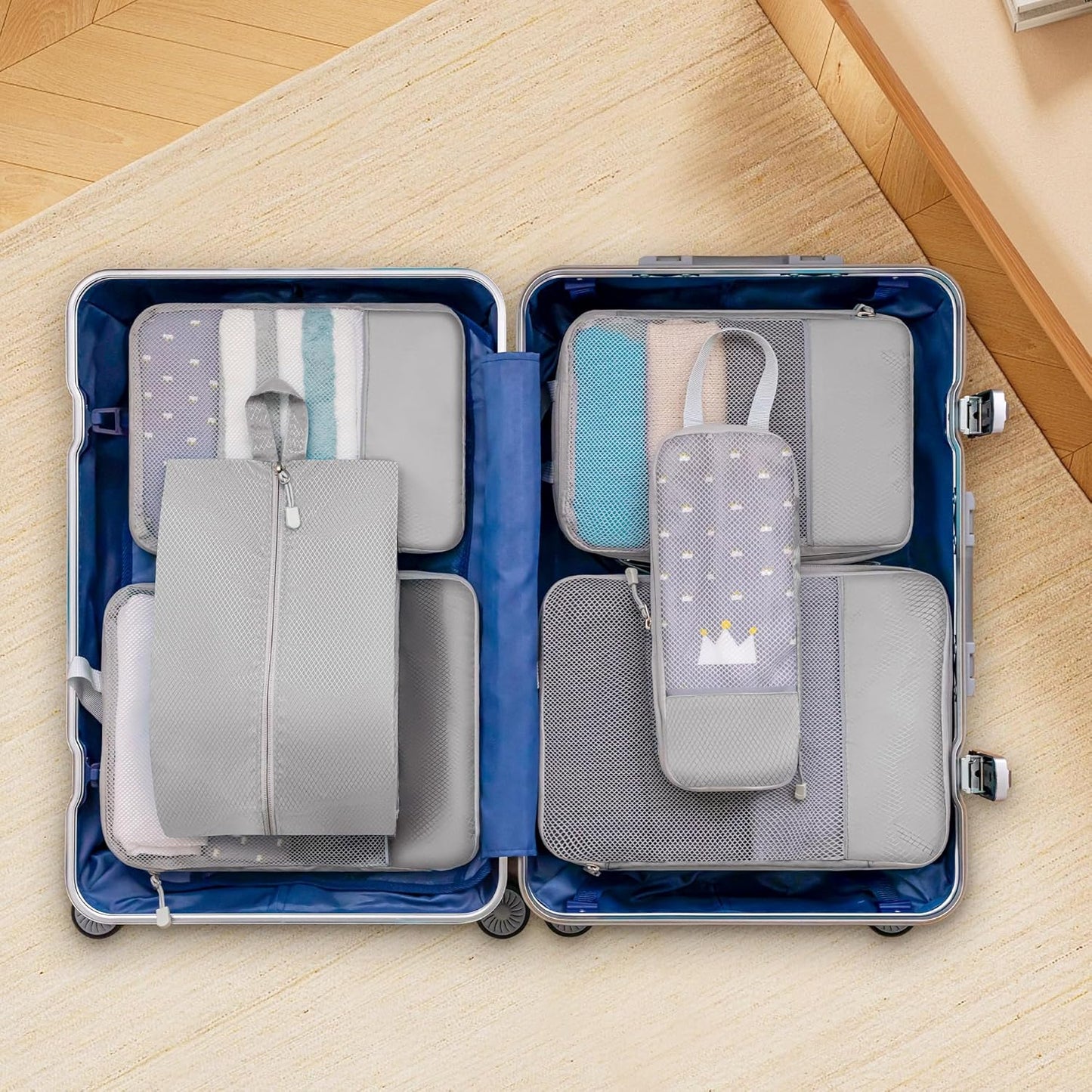 6 Set Compression Packing Cubes Travel Accessories Expandable Packing Organizers, Lightweight Suitcase Organizer Packing Cells Bags Set Travel Essentials, Travel Bags Carry-on Luggage Suitcase Grey